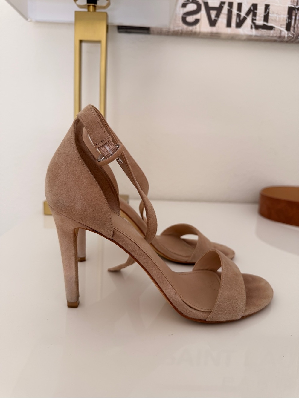 Marc Fisher Women's Bettye Nude Suede Ankle Strap Heeled Sandals